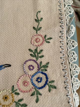 Vintage Embroidered Cream Blue Birds Floral Lace Table Runner Dresser Scarf 3