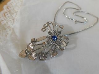 Vintage Rhinestone Brooch/pendant Silver Floral Necklace,  Monet Silver Chain