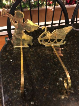 Brass Sleigh & Angel Trumpet Christmas Stocking Hanger Holders Set Of 2,  Vintage