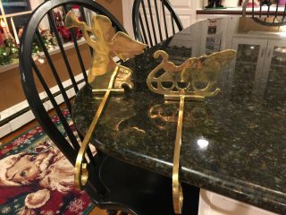 BRASS Sleigh & Angel Trumpet Christmas Stocking Hanger Holders Set of 2,  Vintage 2