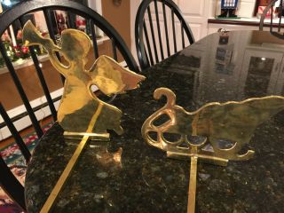 BRASS Sleigh & Angel Trumpet Christmas Stocking Hanger Holders Set of 2,  Vintage 3