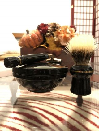 Vintage 3 Pc Rooney Brushes Porcelain Shave Brush Soap Bowl Razor Set Black Gold