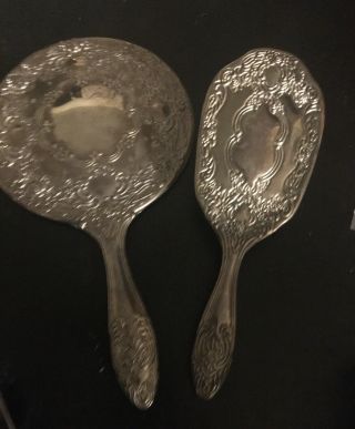 Vintage Silver - Plated Hand Held Mirror And Brush Set.  Estate Item.