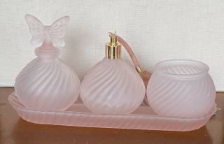 Vintage Pink Frosted Swirl Glass Perfume Vanity Bottles With Stoppers & Tray