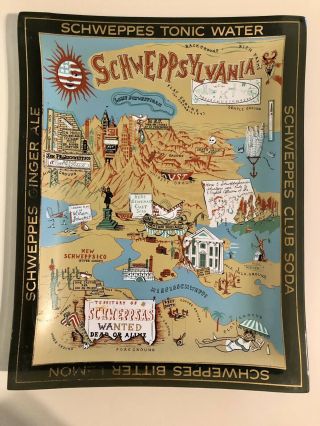 Vintage Schweppsylvania Schweppes Glass Tray Dish Map Stephen Potter Usa