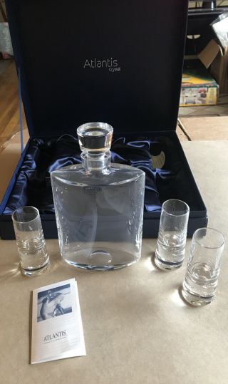 Vintage Atlantis Lead Crystal Decant/whiskey Bottle W/ 3 Shot Glasses Portugal