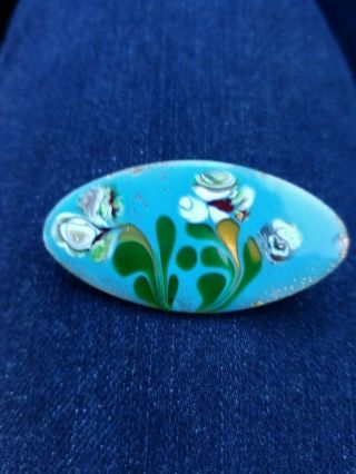 Vintage Hand Painted Blue Flower Floral Round Button Brooch Pin Signed Wlc
