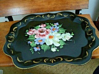 Vintage Toleware Metal Tray Black Hand Painted Floral Size Wall Hanging