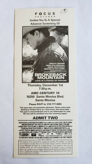 Vintage 2005 Brokeback Mountain Movie Premiere Ticket - Heath Ledger Film Promo