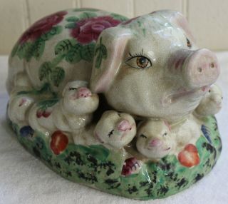 Vintage Huge Pig With Piglets Ceramic Majolica Style Figure