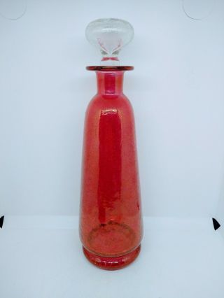 Vintage Mcm Blenko Decanter Crackle Art Glass Cranberry Pink Iridescent