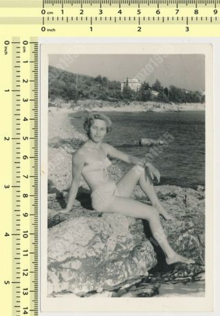 Bikini Woman On Beach Swimwear Pretty Lady Portrait Vintage Photo Old