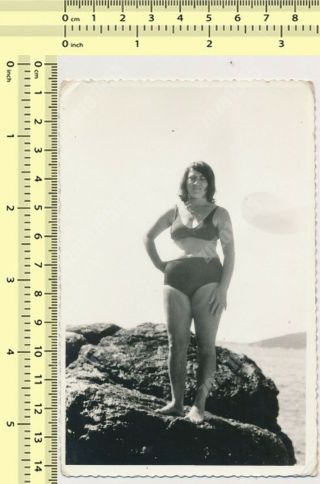 Bikini Woman Beach Portrait Swimwear Lady Standing On Rocks Vintage Photo Orig.
