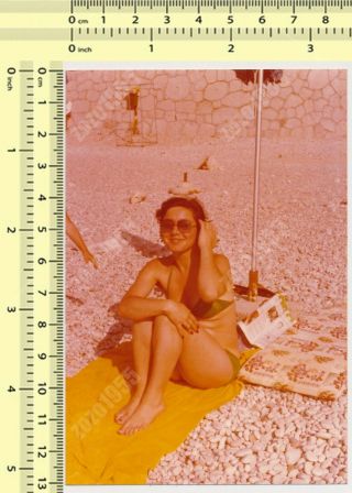 Bikini Woman On Beach Swimwear Lady With Shades Vintage Photo Snapshot