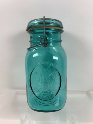 Vintage Ball Ideal Quart Blue Glass Canning Mason Jar Wire Ball Lid