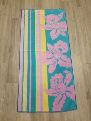 Vintage 80s Colorful Striped Tropical Hibiscus Beach Bath Towel Retro Cool Wind