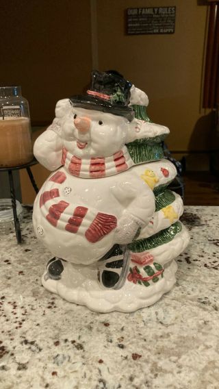 Vintage Snowman And Christmas Tree Ceramic Cookie Jar