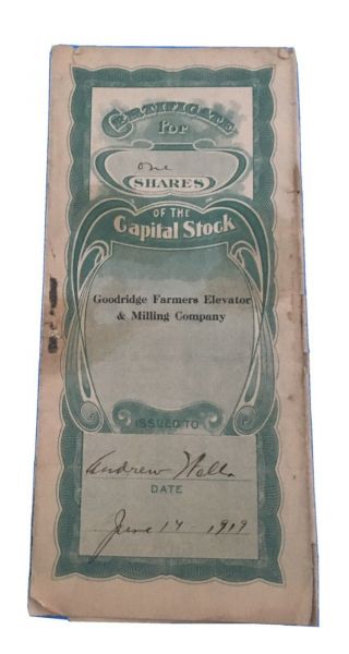 Vintage Goodridge Mn.  Farmers Elevator & Milling Co.  1919 100.  00 Stock Share