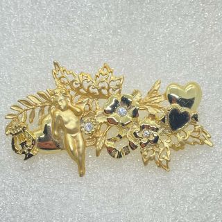 Vintage Angel And Flowers Brooch Pin Rhinestone Cherub Leaves Costume Jewelry