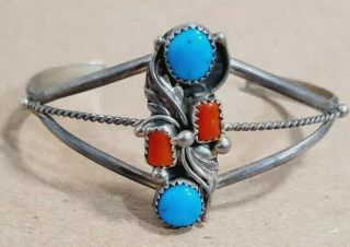 Vintage Navajo Sterling Silver Turquoise & Coral Cuff/bracelet Signed Jj
