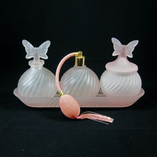Pink Satin Swirl Glass Vanity Set Perfume Bottle Atomizer Butterflies With Tray