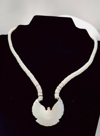 Vintage Puka Shell Beaded Necklace With Mother Of Pearl Carved Phoenix Pendant