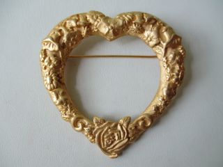 Vintage Large Gold Tone Open Heart/ Flowers Pin Brooch Signed Jj