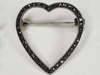 Vintage Sterling Silver Marcasite Open Heart Pin Brooch Marked 925 Not Scrap