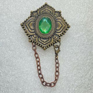Vintage Green Flower Chain Brooch Pin Pendant Rhinestone Brass Tone Costume
