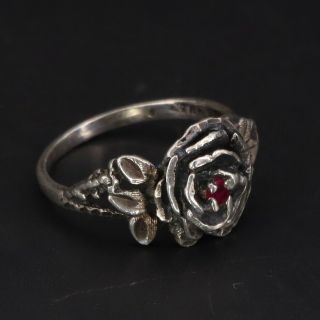 Vtg Sterling Silver - Black Hills Raised Rose Flower Ruby Ring Size 6 - 3g