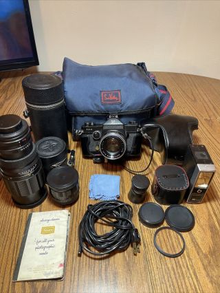 Sears Tls 35mm Slr Camera With Accessories & Leather Case,  Multiple Lenses