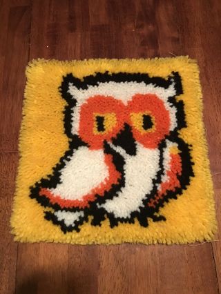 Vintage Retro Owl Latch Hook Wall Hanging Completed Rug 70s