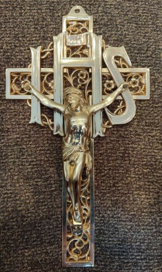Vintage Heavy Brass Religious Ihs Crucifix Jesus On Cross Christianity Inri 9.  5 "