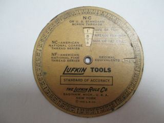 Vintage 1935 Lufkin Rule Co.  Screw/thread Dial Chart