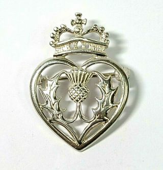 Vintage Sterling Silver Crown Heart Scottish Thistle Symbol Pin Brooch