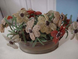 Vintage Handcrafted Color French Beaded Flowers In Solid Brass Pot Or Container