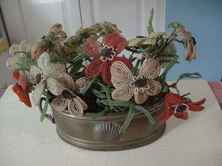 Vintage Handcrafted Color French Beaded FLOWERS in Solid BRASS Pot or Container 2