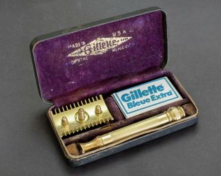 Gillette Old Type Set 1921 1928 Gold Open Comb Safety Razor Made In Usa Exc