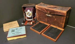 Antique Eastman Kodak Camera No.  4 Mahogany Wood Brass Dry Plates Holders Case
