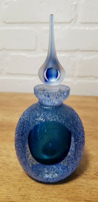 Vintage Hand Blown Blue Art Glass Perfume Bottle With Stopper
