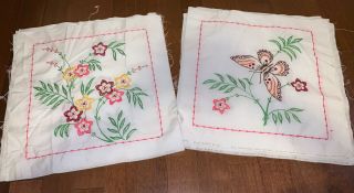 12 Vtg Hand Embroidered Floral & Butterfly Cotton Quilt Blocks 17” Squares