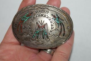Vintage Native American Sterling Silver Inlaid Turquoise Coral Belt Buckle Ct