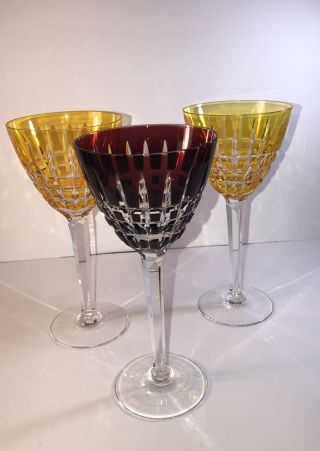 Vintage Cut To Clear Crystal Varies Color Wine Hock Goblet Set 3