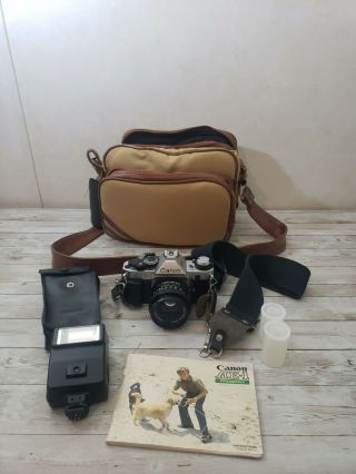 Canon Ae - 1 Program 35mm Slr Camera With 50mm F/1.  8 Lens Flash Strap Carrying Bag