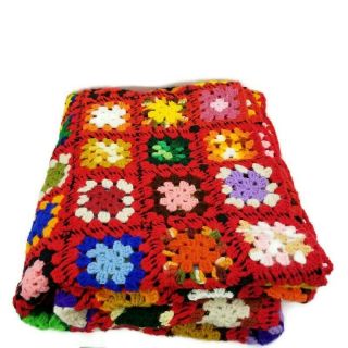 Vtg 80”×60 " Handmade Crochet Granny Square Afghan Blanket Throw Multicolored