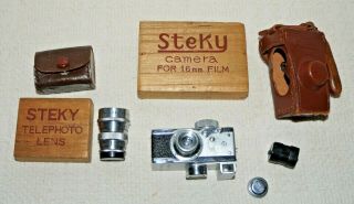 Vintage Steky Model Iii Miniature Spy Camera W/2 Lenses,  Case & Storage Boxes