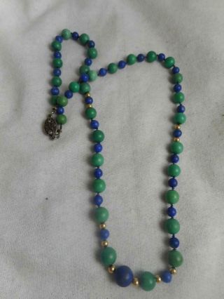 Vintage Chinese Export Cobalt Blue & Jade Green Glass & Gp Bead Strand Necklace