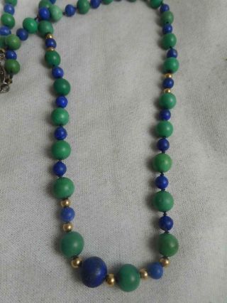 Vintage Chinese Export cobalt blue & jade green glass & gp bead strand necklace 2