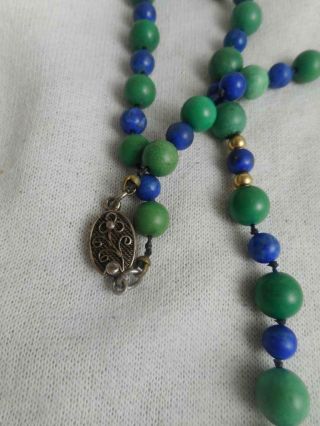 Vintage Chinese Export cobalt blue & jade green glass & gp bead strand necklace 3