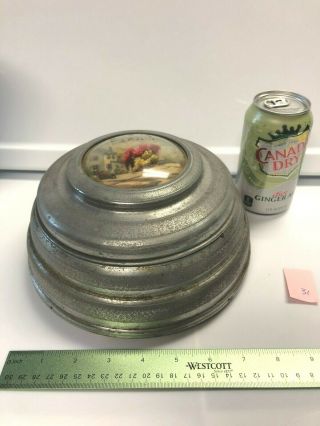 31.  Vintage Puff Vanity Music Box Round Large Dried Floral Aluminum Glass Divide